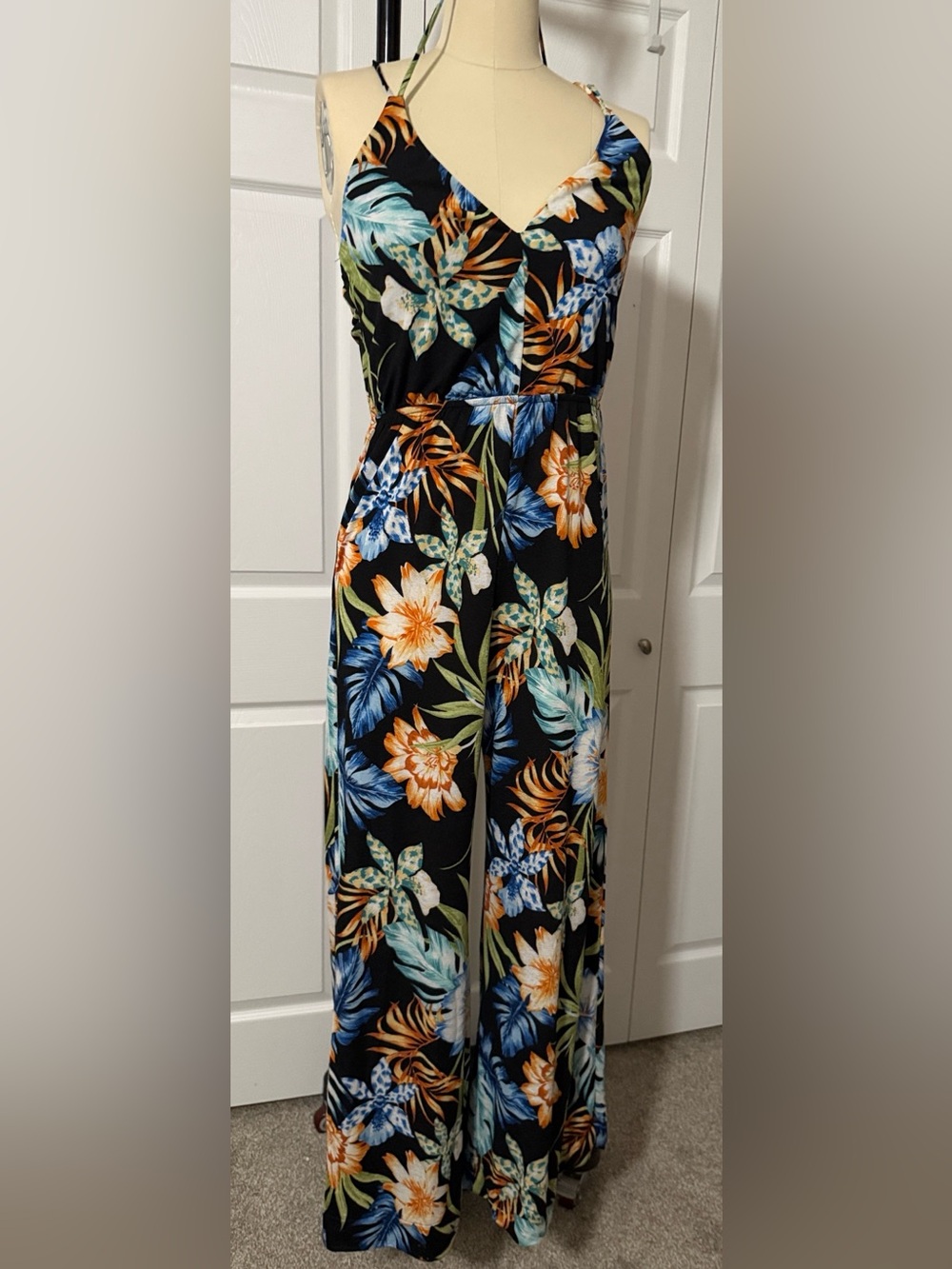 Timing Black Tropical Floral Spaghetti-Strap Jumpsuit with Blue & Orange Flowers